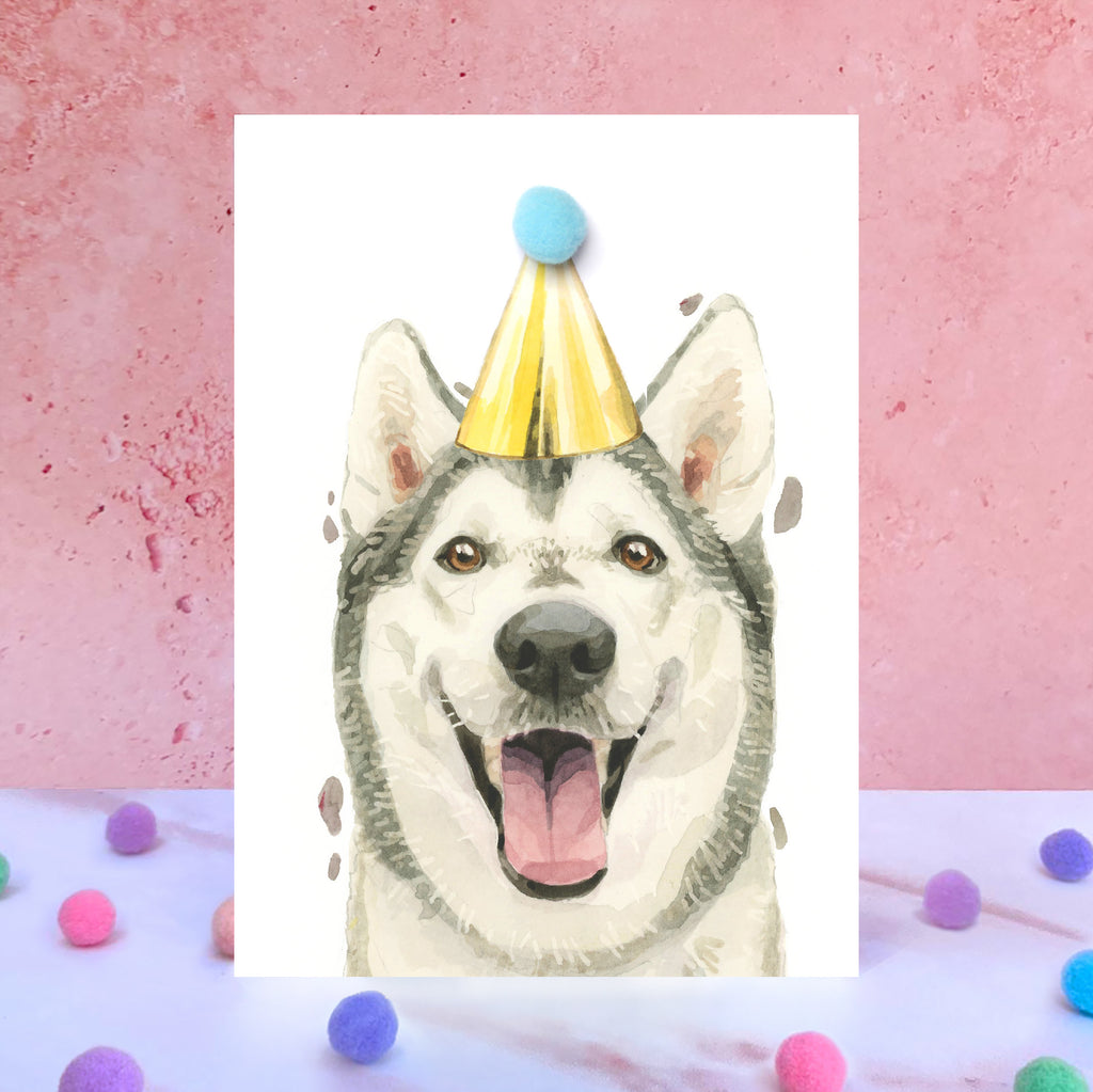 Siberian Husky Party Hat Card