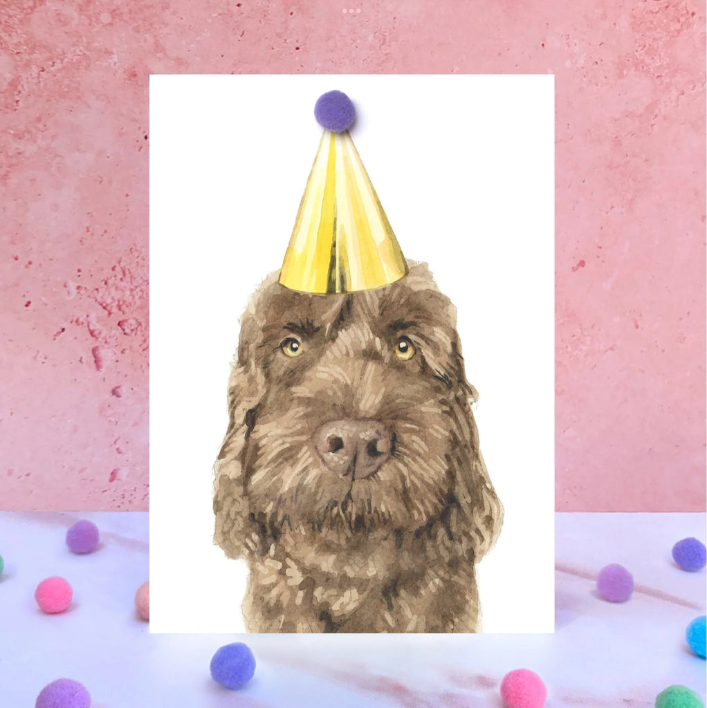 Brown Cockapoo Party Hat Card